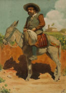 Apelles Mestres: Escena de El Quijote, Sancho Panza muntant el seu ruc, Cromolitografia.