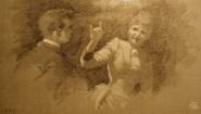 Apel·les Mestres: Dibuix rascat sobre paper thon, 1889.