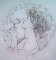 Riquer: Dibuix del cartell de la casa Champagne y vinos Garc�a Viver